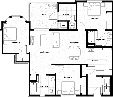 Floor plan for 3 beds, 2 baths, 1087 sqft